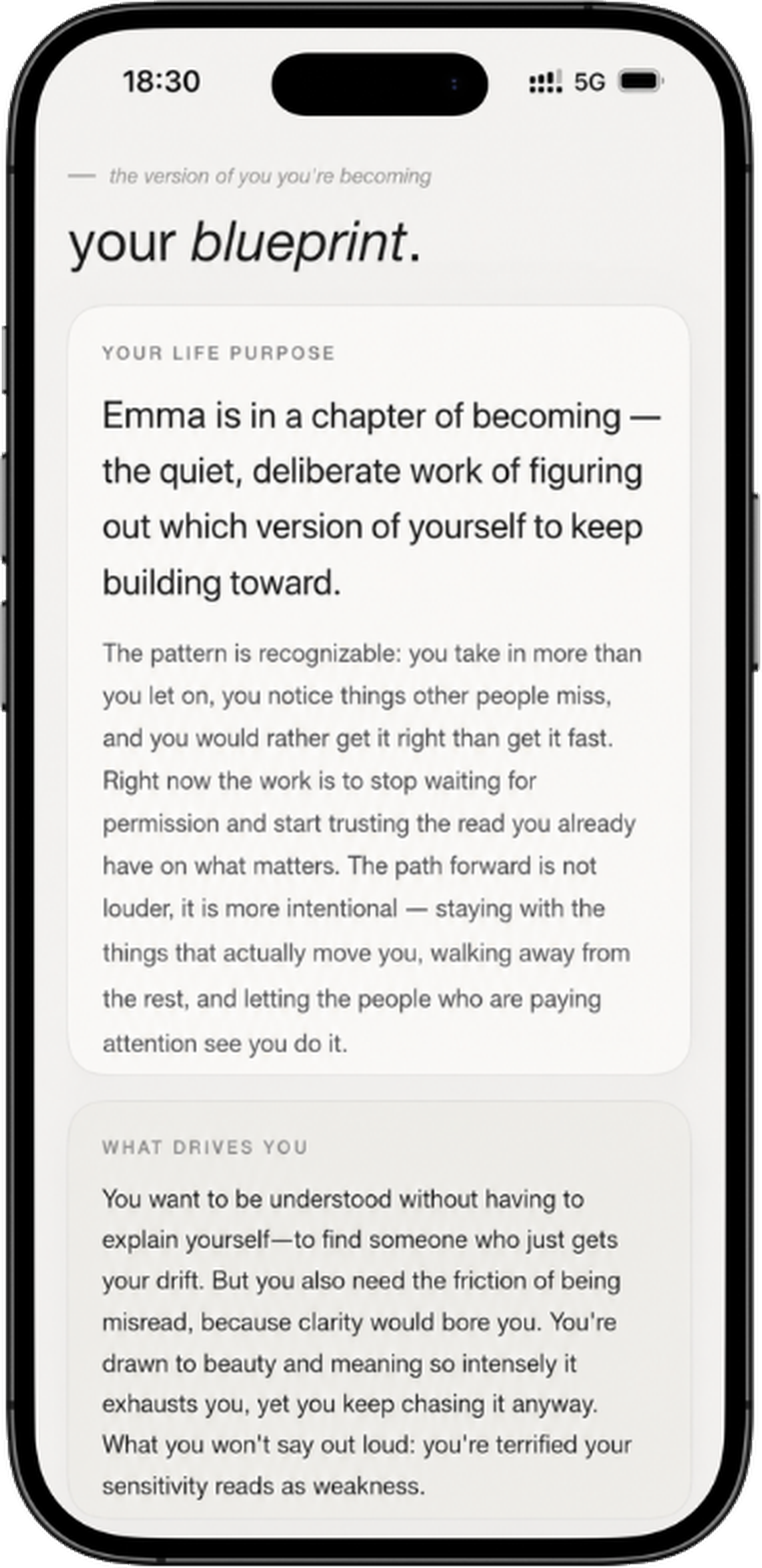 Your Blueprint — a long-form written portrait of who you are